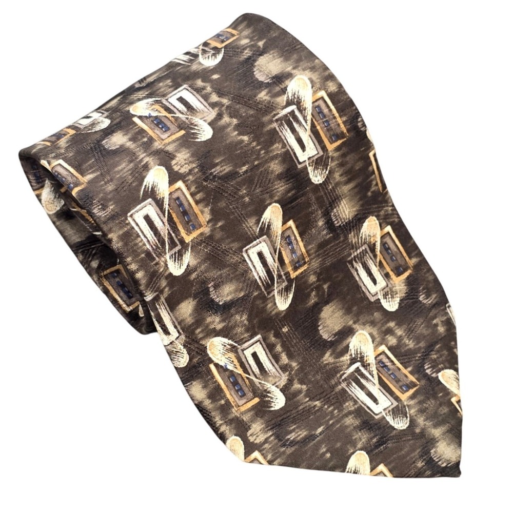 Milano Abstract Geometric Pattern Silk Tie Men's Brown Tan Classic Necktie